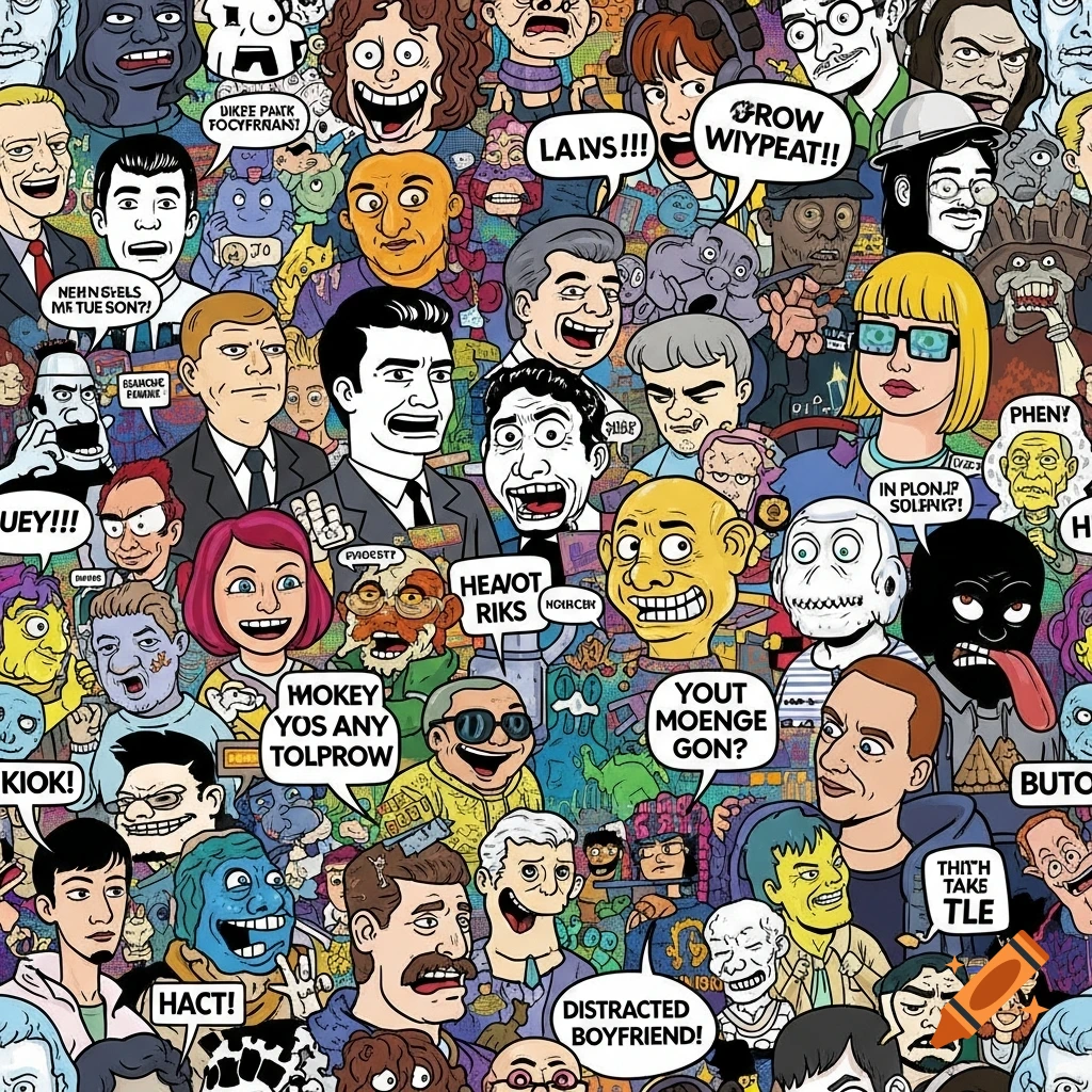 A dense, colorful cartoon collage of numerous exaggerated, stylized faces and characters, many with speech bubbles containing garbled text. One bubble reads "DISTRACTED BOYFRIEND!". The style is comic book-like.