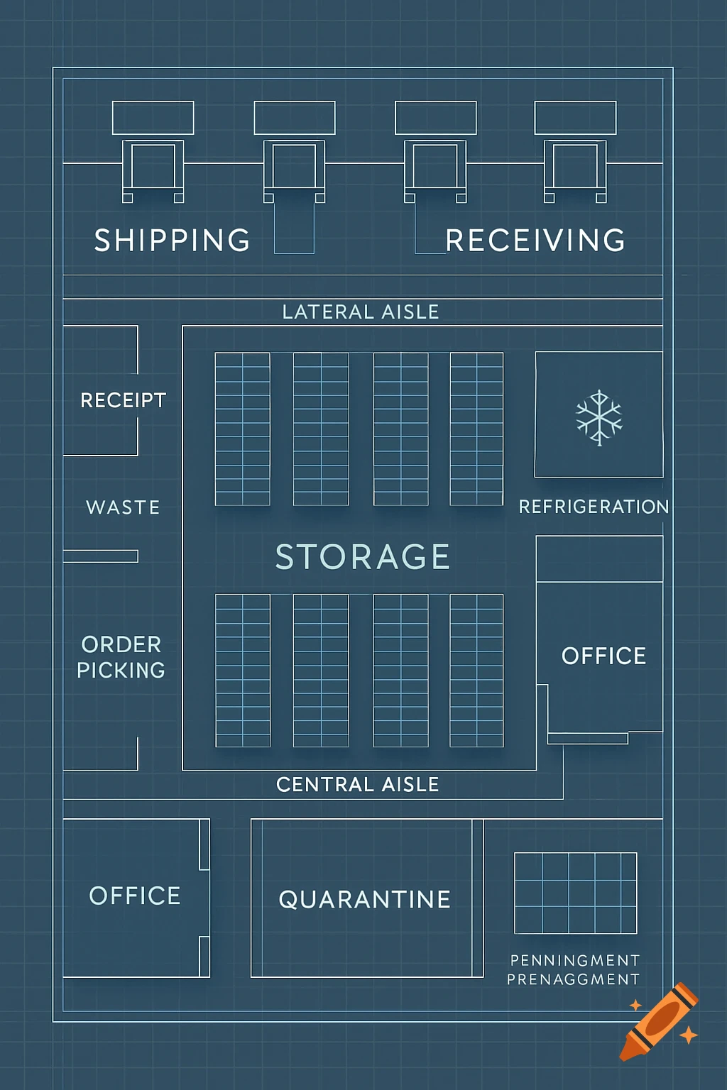 A blueprint-style diagram of a warehouse layout with sections for shipping, receiving, storage, refrigeration, offices, and quarantine on a dark blue grid background.