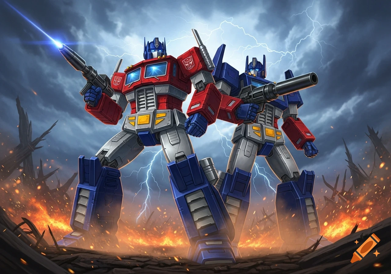 Optimus Prime and Ultra Magnus (G1) stand heroically with weapons amidst lightning and fire in a dynamic, action-packed scene.
