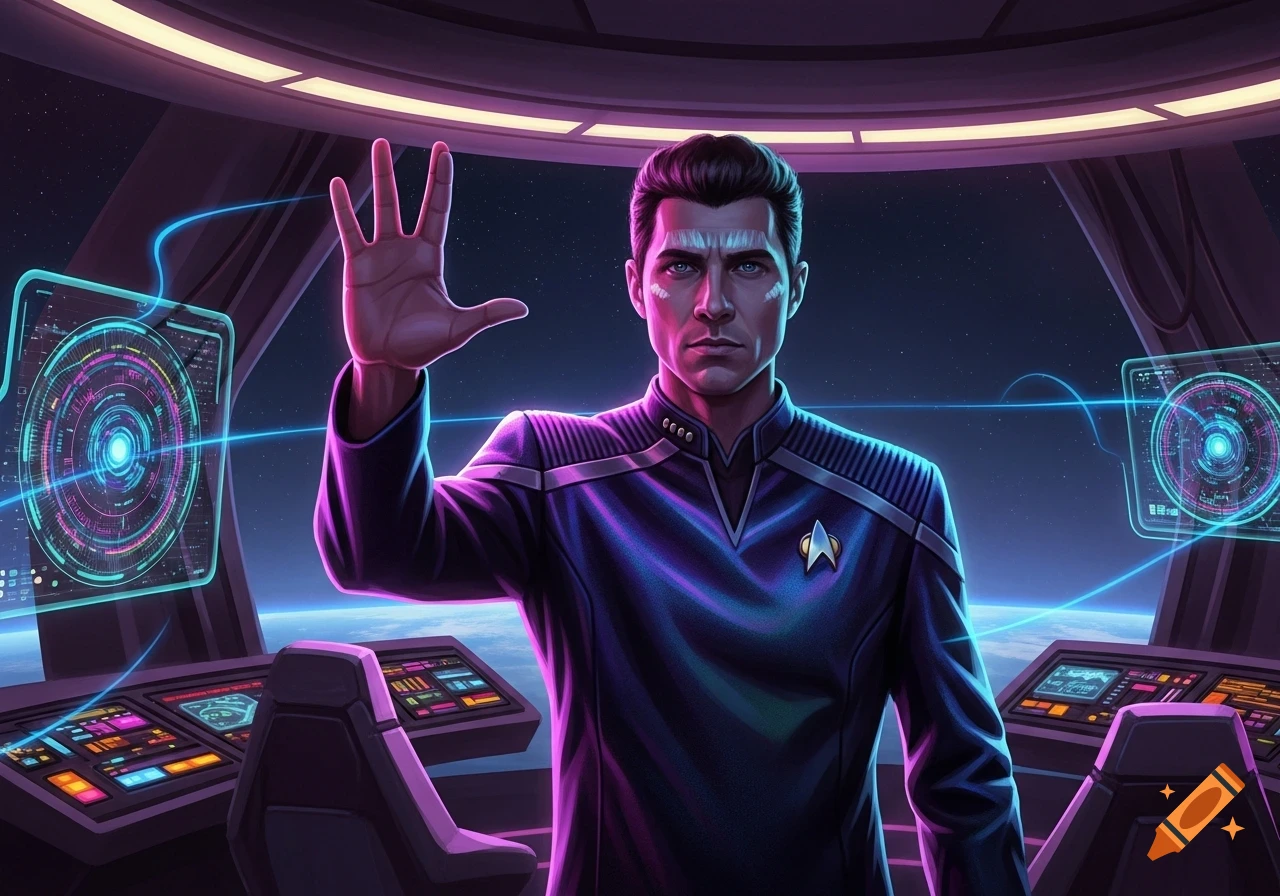 Man in a purple Starfleet uniform making the Vulcan salute on a futuristic spaceship bridge with neon displays, looking into space.