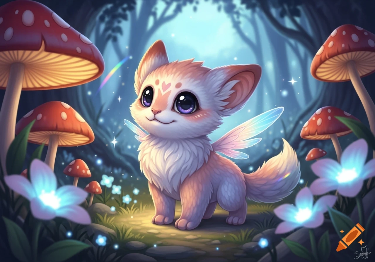 A cute, fluffy, winged fox-like creature with big eyes smiles in a magical forest with glowing mushrooms and flowers.