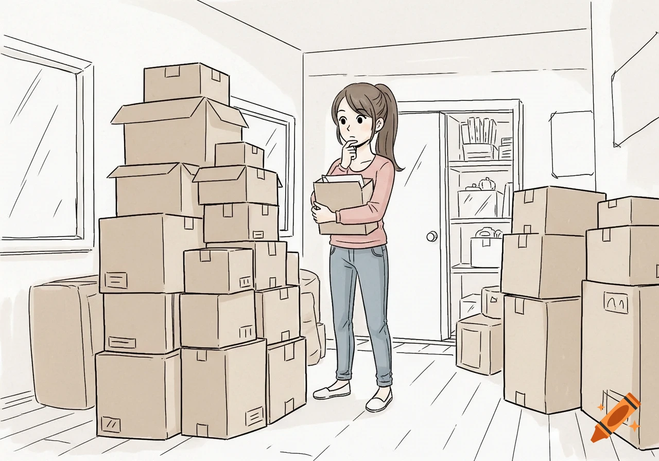A cartoon woman with a ponytail stands thoughtfully among stacks of moving boxes in a sparsely furnished room.