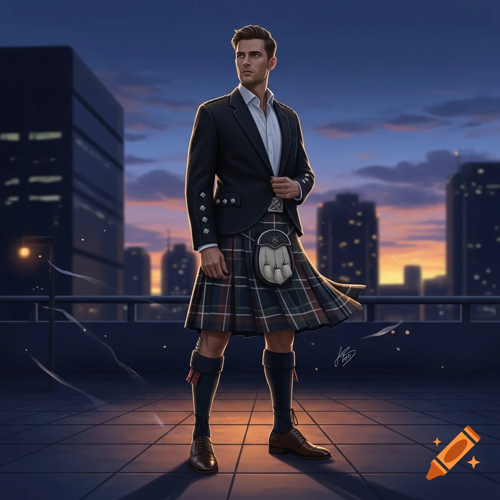 A man in a black suit jacket and a plaid kilt stands on a city rooftop at dusk, looking to his left, in a photorealistic style.