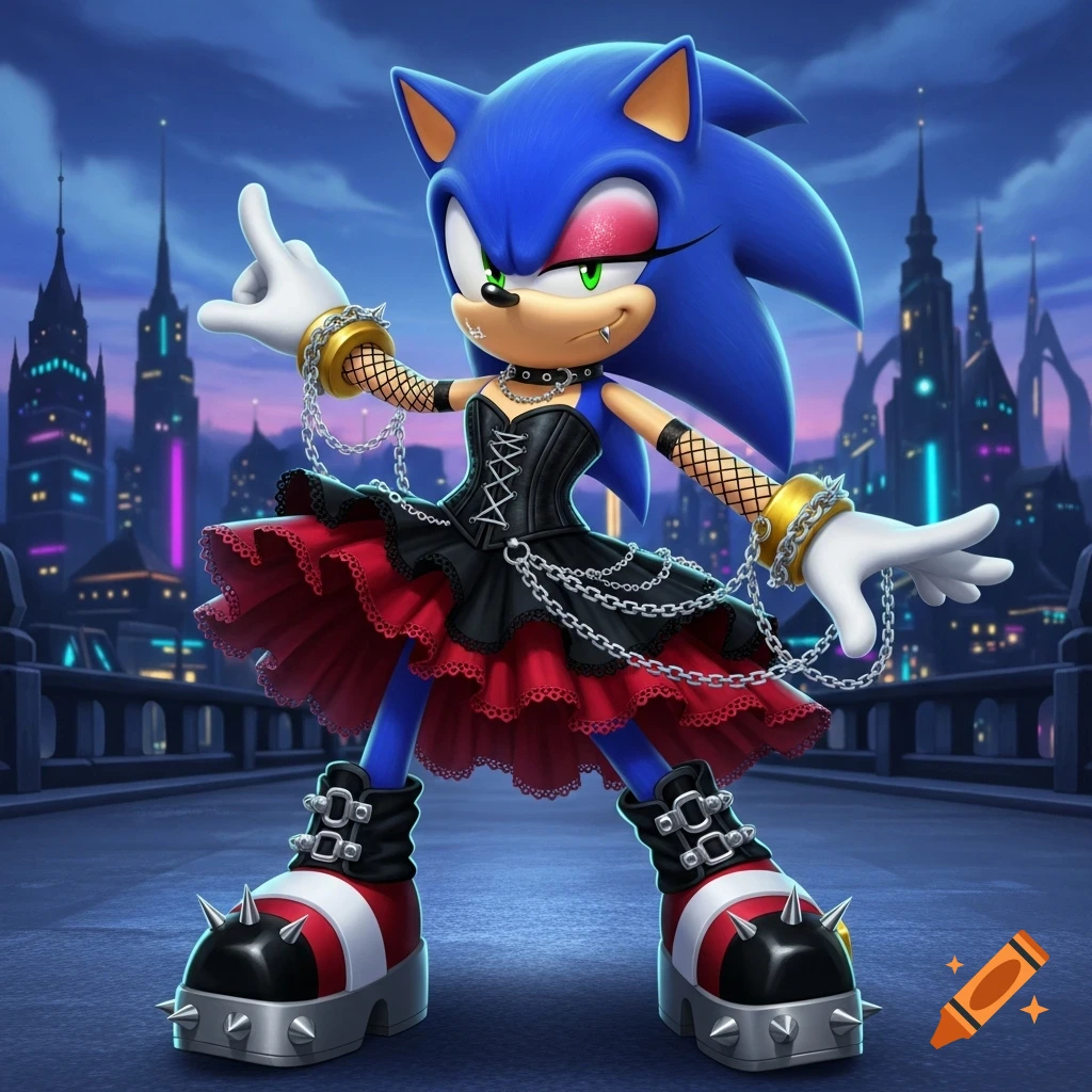 Sonic the Hedgehog posing in goth clothes, makeup, and spiked platform shoes against a futuristic city skyline.