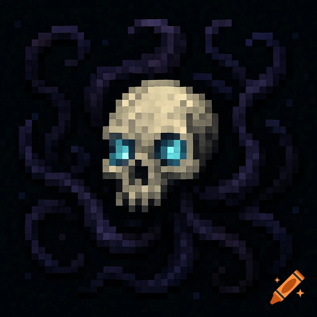 Pixel art skull with glowing blue eyes and dark tendrils on a dark background.