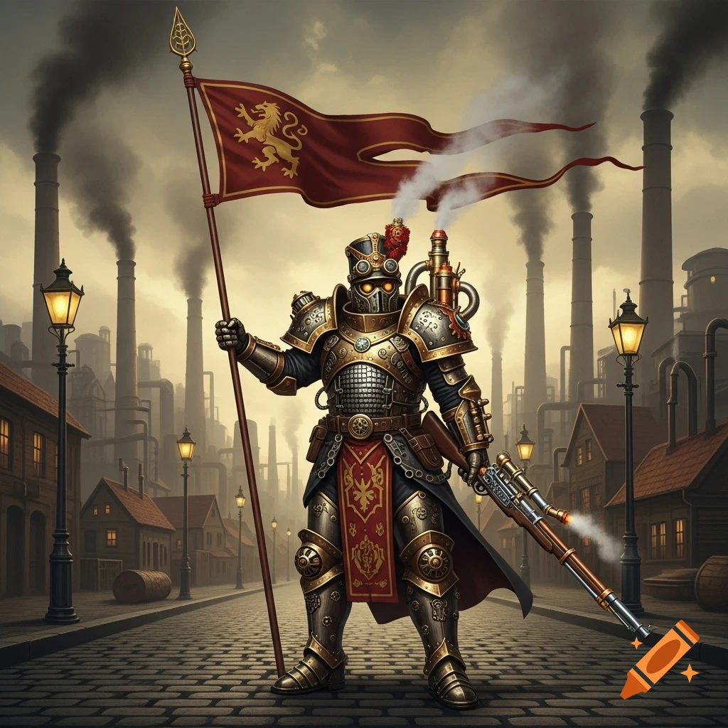 A steampunk soldier in ornate armor holds a flag and rifle on a cobblestone street, with industrial smokestacks in the background.