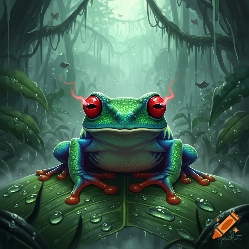 Vibrant green and blue red-eyed tree frog with glowing red eyes on a wet leaf in a misty jungle.