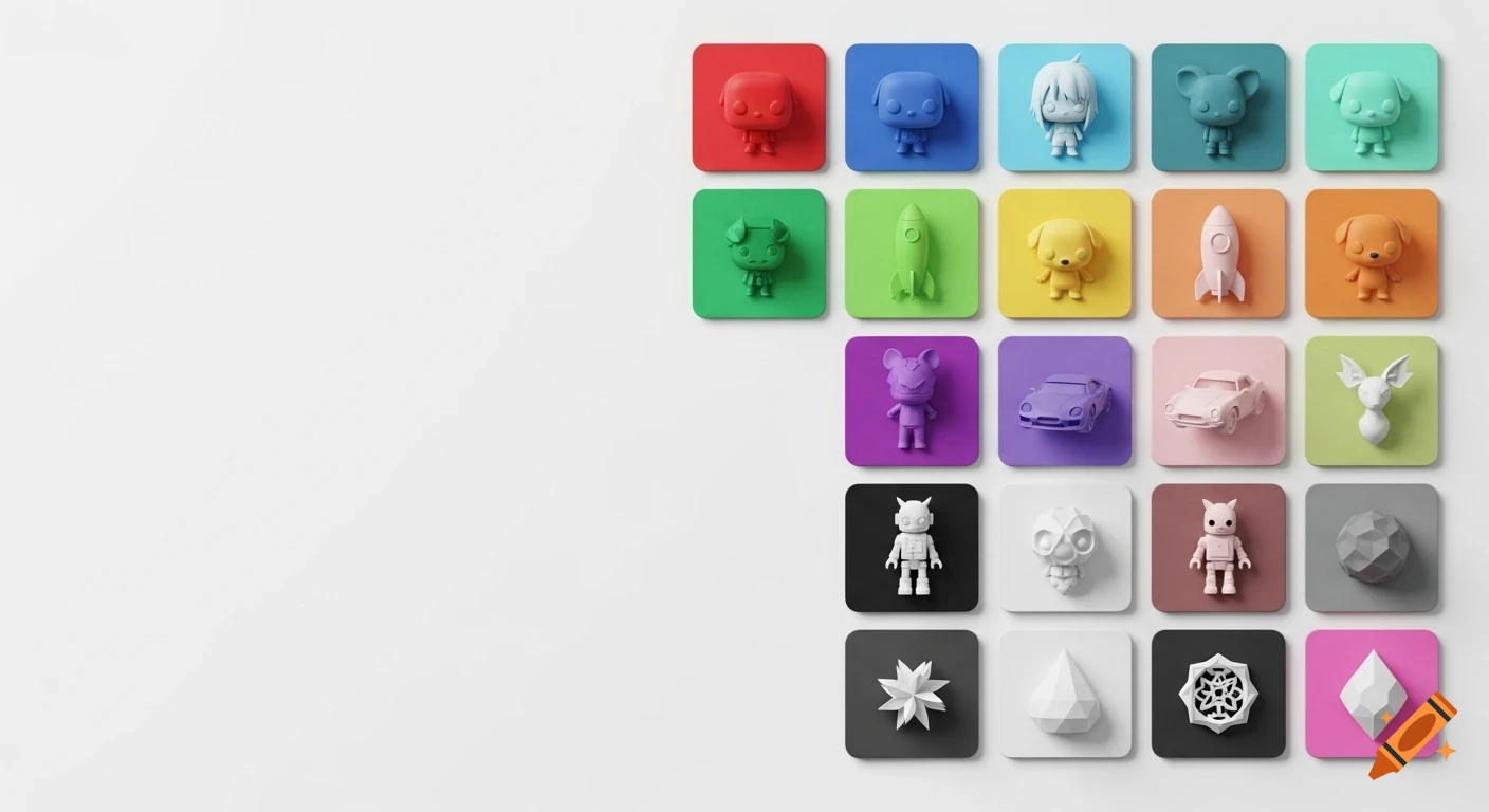 A clean 3D-rendered catalog grid of colorful tiles, each with a matte monochrome object like characters, cars, or shapes.