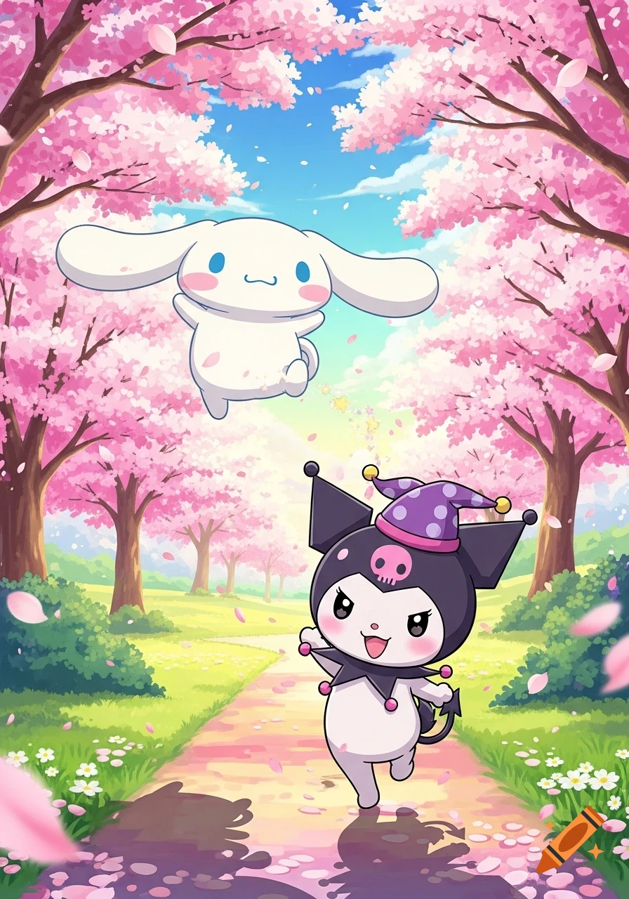 Cinnamoroll floats above Kuromi, who walks on a path covered in pink cherry blossom petals in a bright anime park.