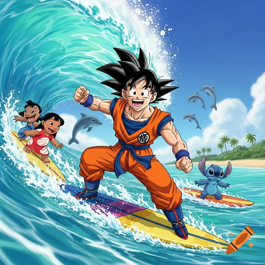 Goku, Lilo, and Stitch surf a large blue wave with dolphins jumping in the background under a sunny sky.