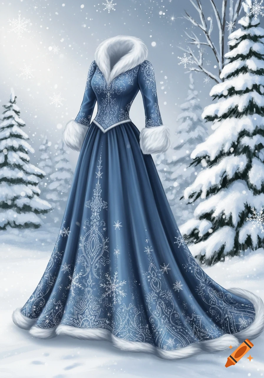 An elegant blue winter gown with white fur trim and snowflake patterns stands in a snowy forest.