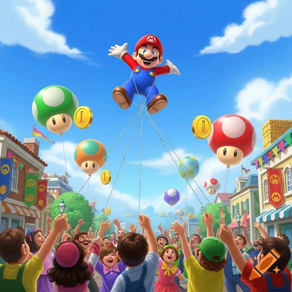 A large Mario balloon floats above a festive town street, held by strings by a cheering crowd below, under a bright blue sky.