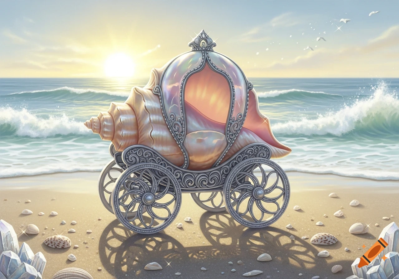 A whimsical seashell carriage sits on a sandy beach by the ocean during a golden sunrise.