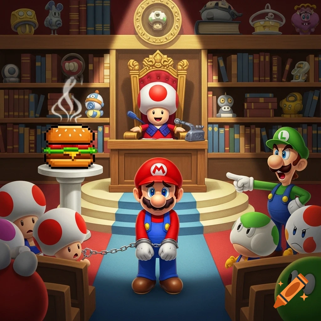 Mario, in handcuffs, stands before a Toad judge in a courtroom as Luigi points accusatorily. A steaming pixelated burger rests on a pedestal.