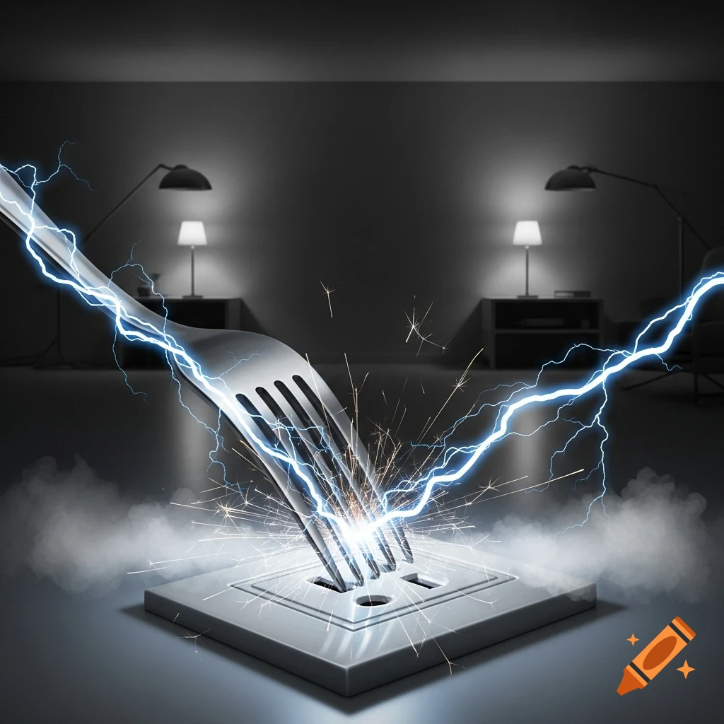A fork sparks with blue electricity as it's inserted into an electrical outlet in a dark room with two lamps.
