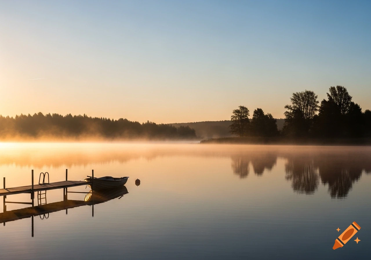 A serene lake at sunrise with mist rising over the water, a wooden dock, and a small boat reflecting on the calm surface.