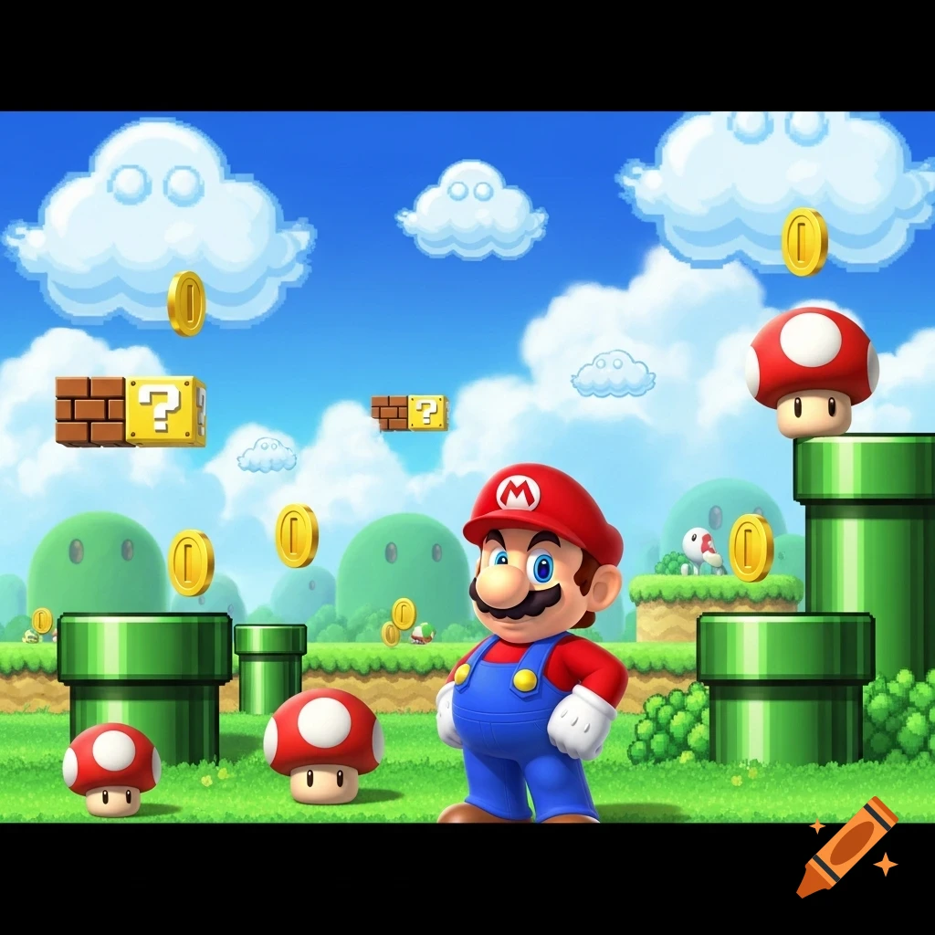 Mario stands in a vibrant Super Mario Bros. 2D landscape with pipes, coins, question mark blocks, and toadstool power-ups.