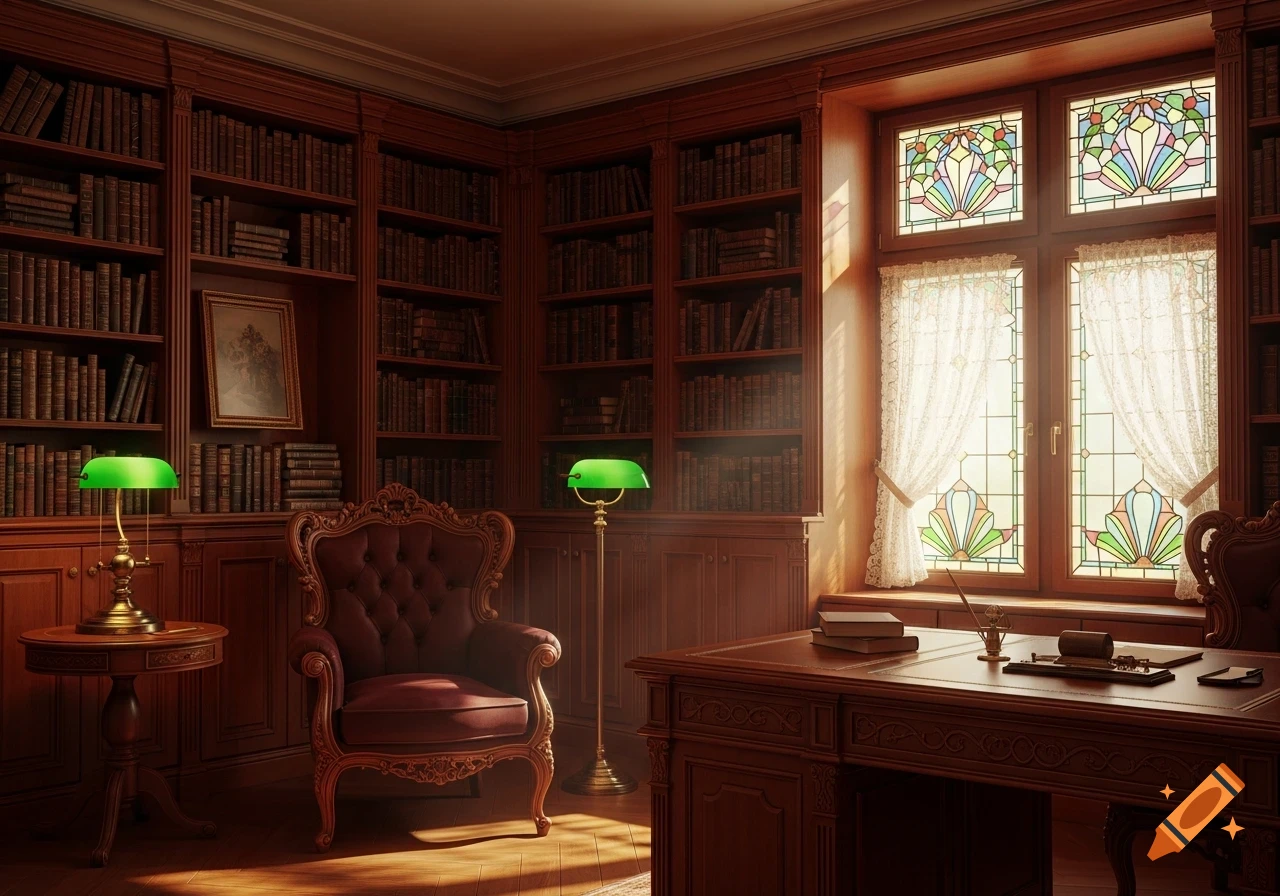 A grand, sunlit library with dark wooden bookshelves, a leather armchair, a desk with books, and ornate stained glass windows.
