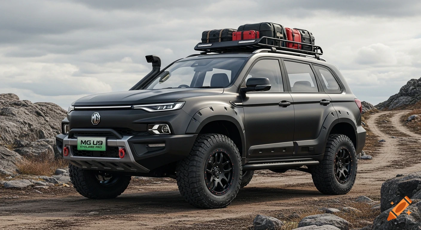 A matte black MG U9 off-road SUV with a roof rack and gear, on a rocky dirt trail under a cloudy sky.
