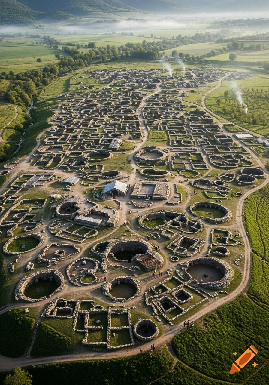Aerial view of extensive ancient stone ruins with circular and rectangular foundations in a green valley, under a misty mountain backdrop.