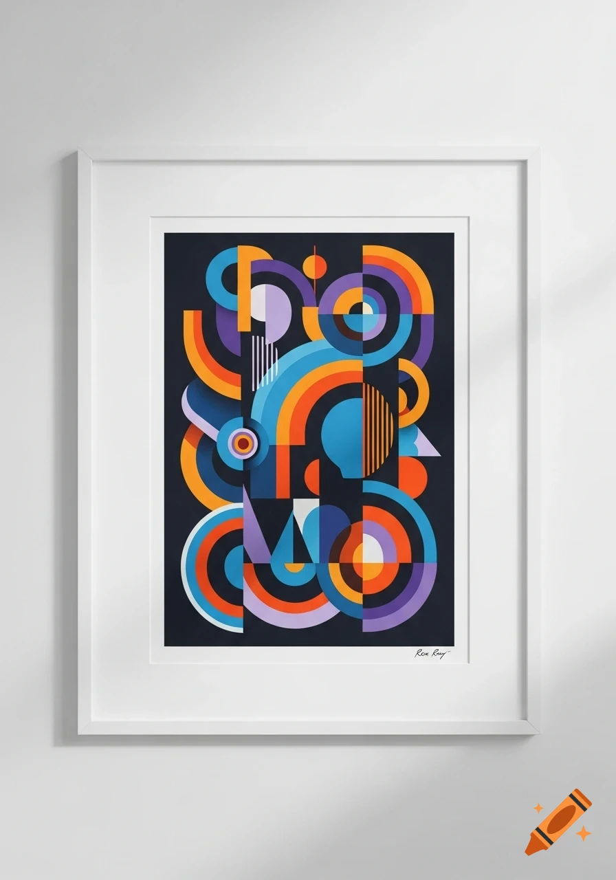 A framed and matted abstract geometric art print featuring colorful circles, arcs, and shapes on a dark background.