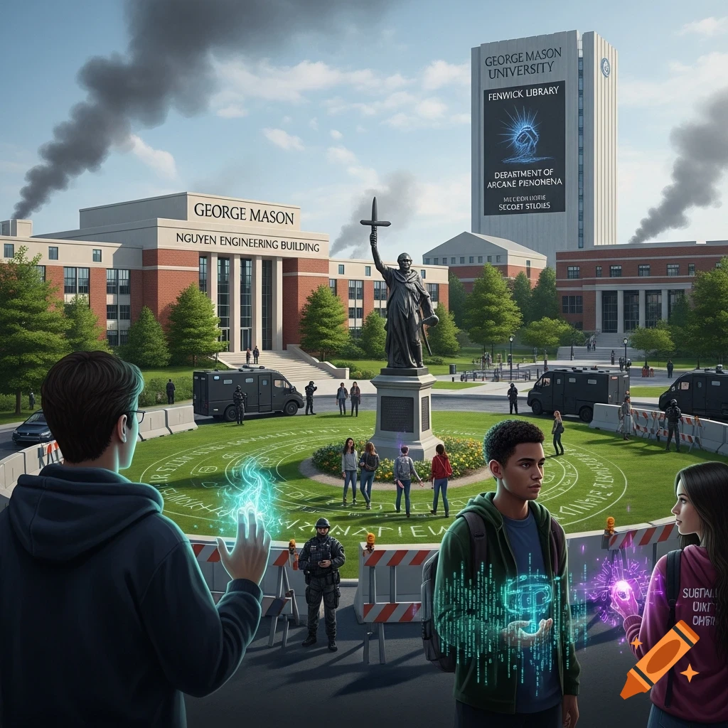 Students with glowing hands and digital effects at George Mason University, with armed personnel and smoke. Sci-fi campus scene.