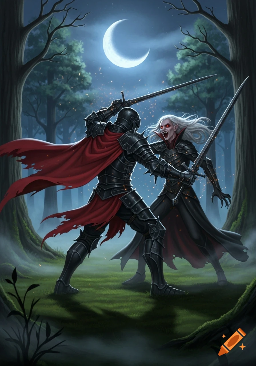 A black knight with a red cape battles a pale vampire with white hair and red eyes in a moonlit forest.