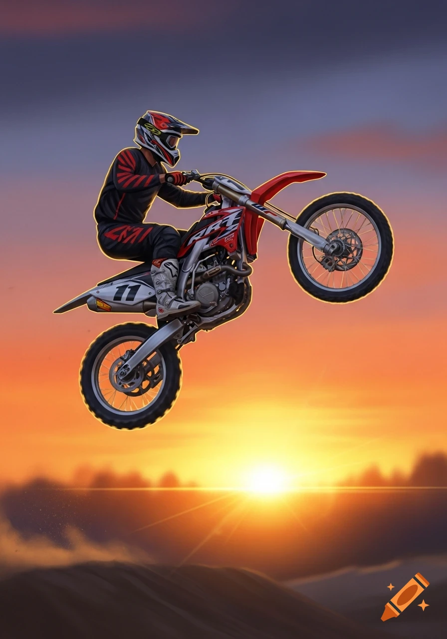 An illustrated motocross rider on a red and white bike jumps mid-air against a vibrant orange and purple sunset sky above desert dunes.