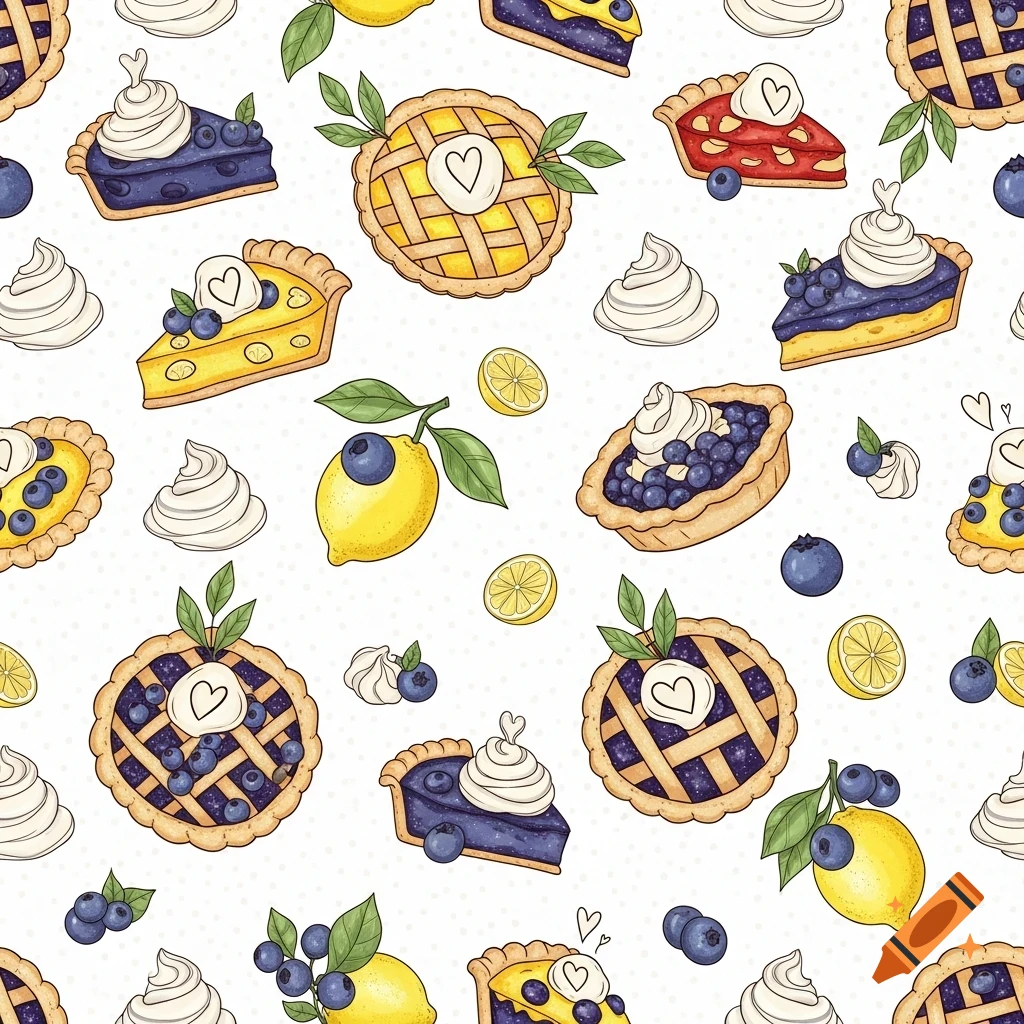 Cutesy drawn pattern of lemon and blueberry pies, tarts, whipped cream, blueberries, and lemon slices on a white background.