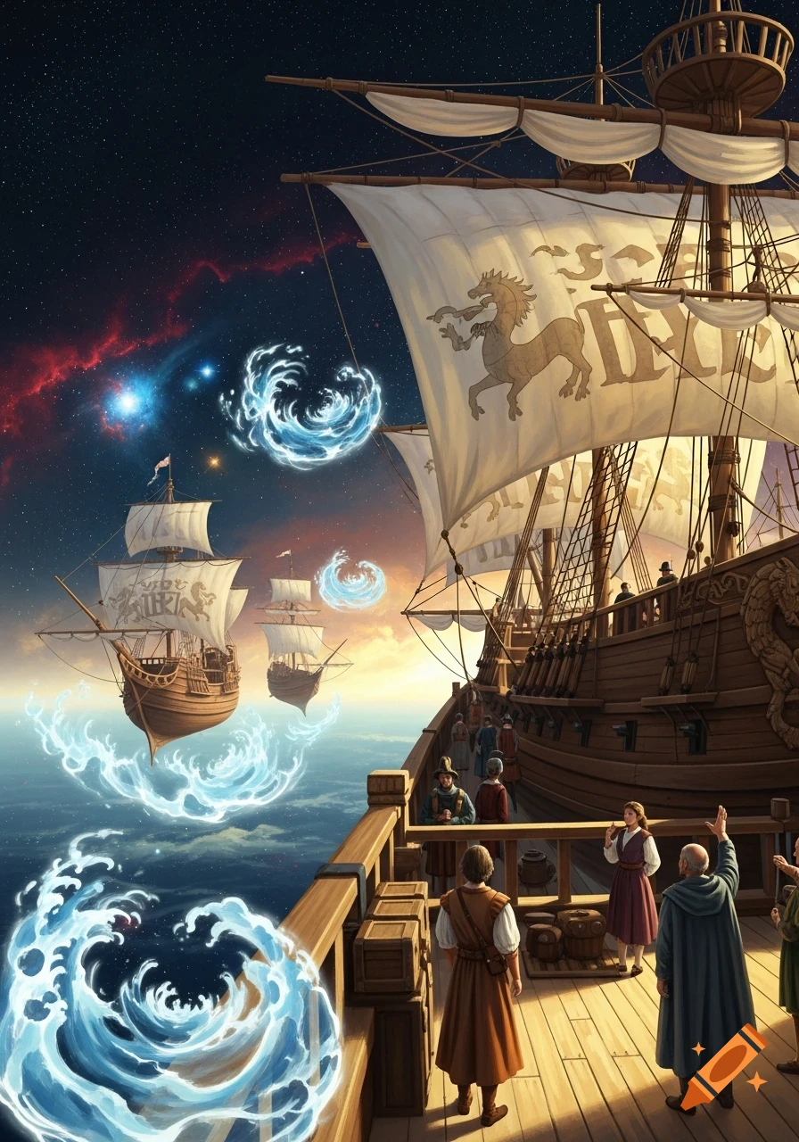 A fleet of medieval sailing ships, surrounded by ethereal blue waves, fly through a starlit cosmic sky filled with nebulae, observed by people on a large ship in the foreground.