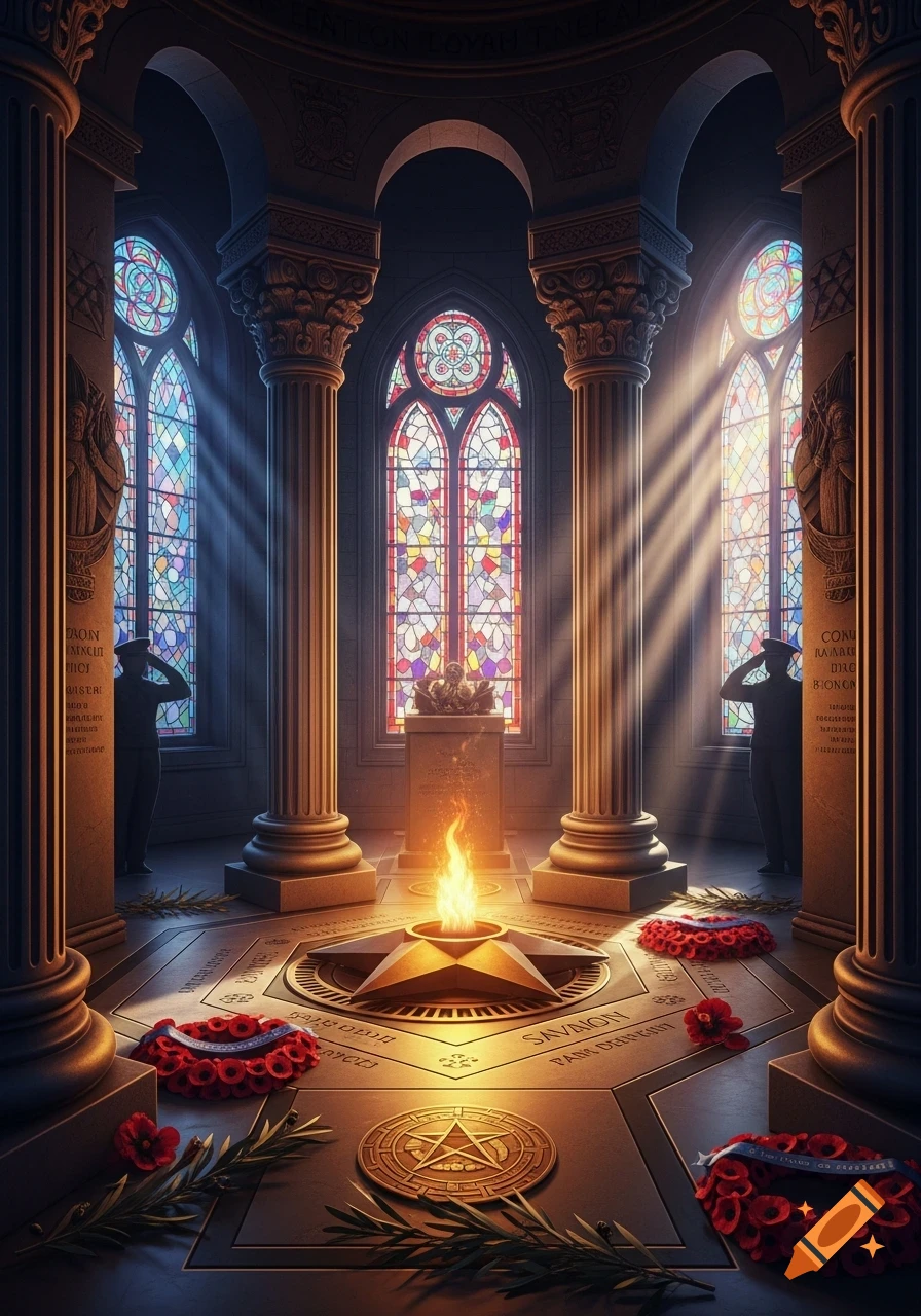 A grand memorial hall with an eternal flame, stained glass windows, and silhouettes of saluting soldiers, adorned with poppy wreaths.