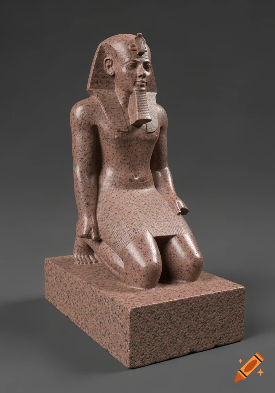 A photorealistic red granite statue of an ancient Egyptian pharaoh kneeling on a rectangular base.