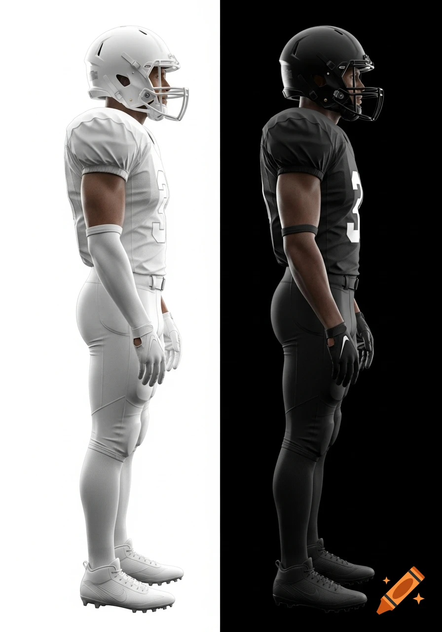 A photorealistic side-by-side view of two American football players, one in a white uniform on a white background, the other in a black uniform on a black background.