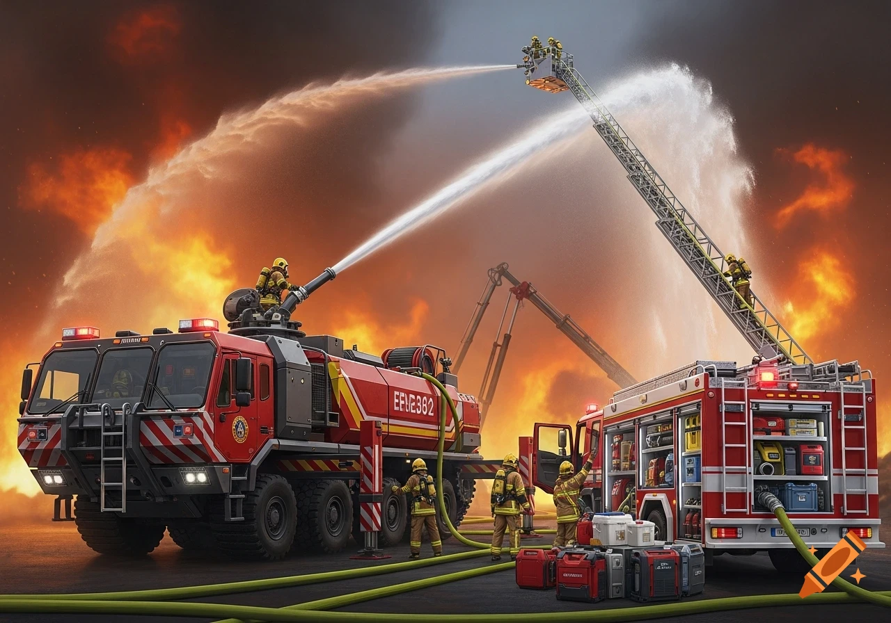 Photorealistic scene of firefighters operating two fire trucks, one with an aerial ladder, spraying water to fight a massive blaze under an orange sky.