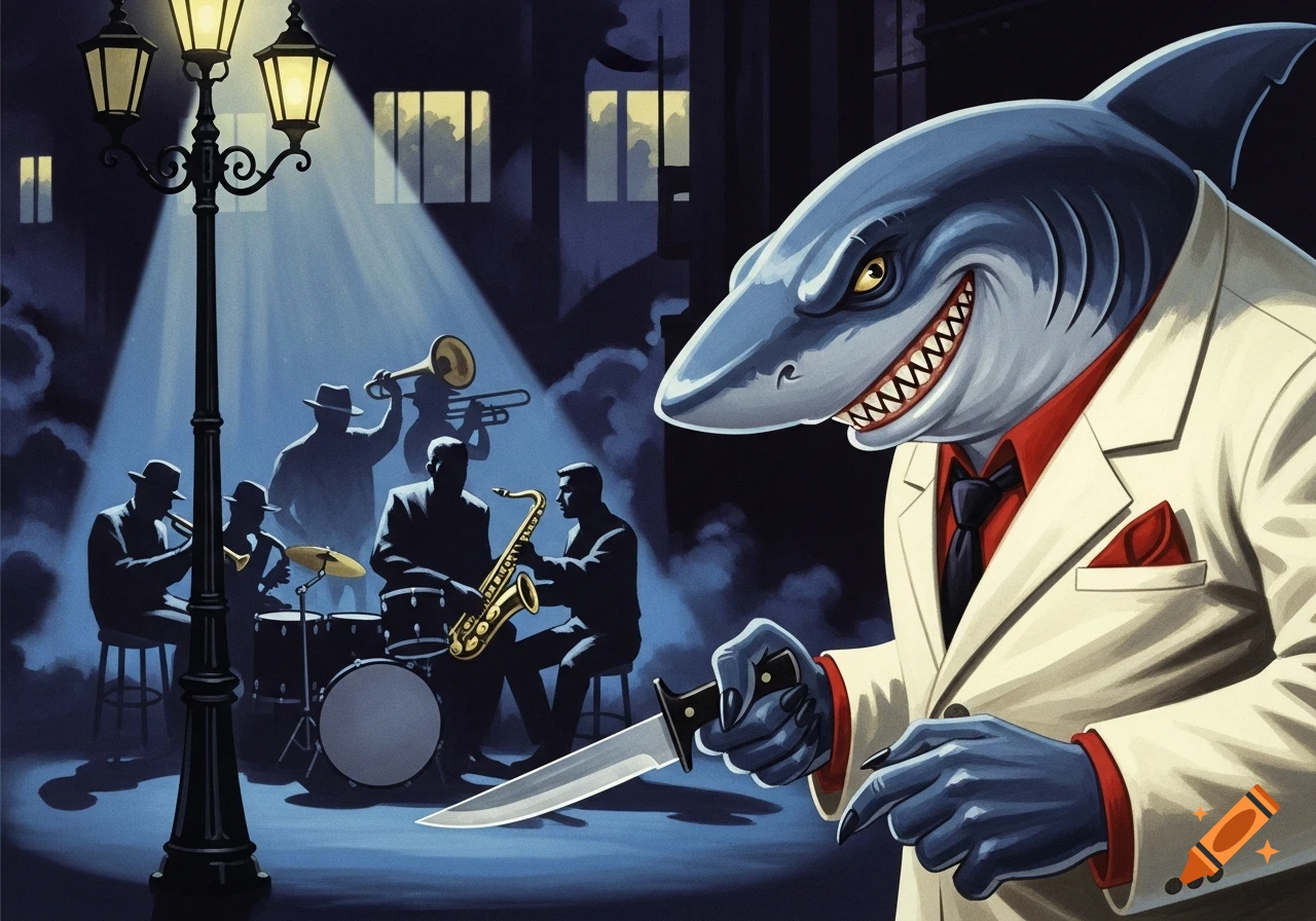 A menacing, anthropomorphic shark in a white suit holds a knife, with a shadowy jazz band playing under a streetlamp in a dark city scene.