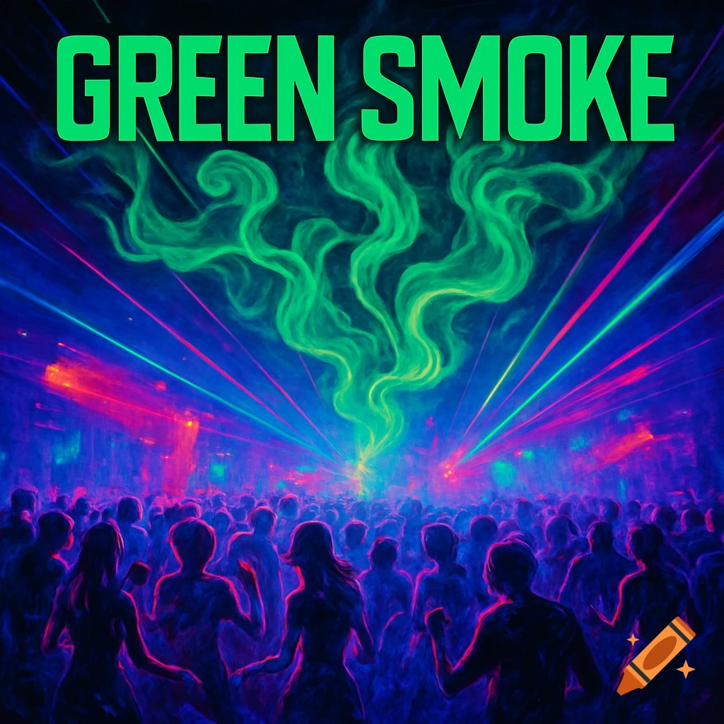 Album cover for 'GREEN SMOKE' depicting a crowd dancing in a rave club under vibrant green smoke and colorful laser lights.