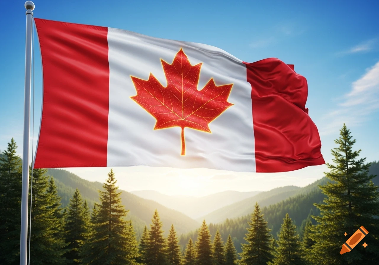 A Canadian flag with a vibrant red maple leaf waves majestically above a sprawling evergreen forest and mountain range, under a clear blue sky during sunrise.