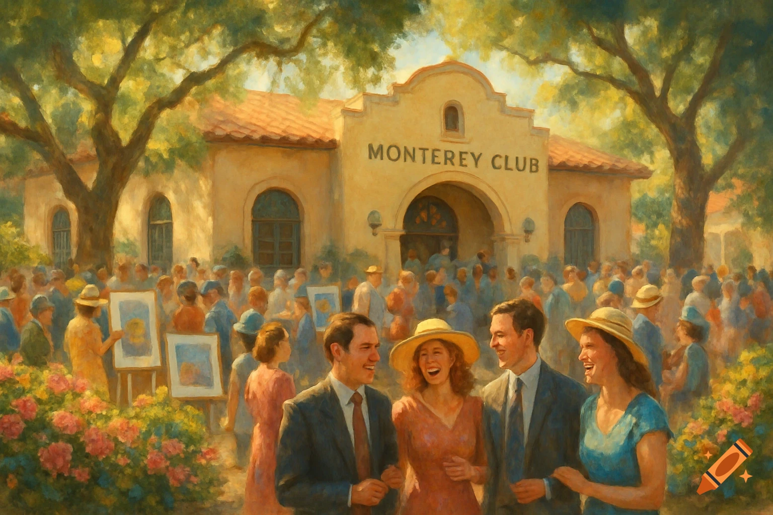 An impressionistic painting of a lively outdoor art fair in front of the 'Monterey Club' building, with smiling people in the foreground.