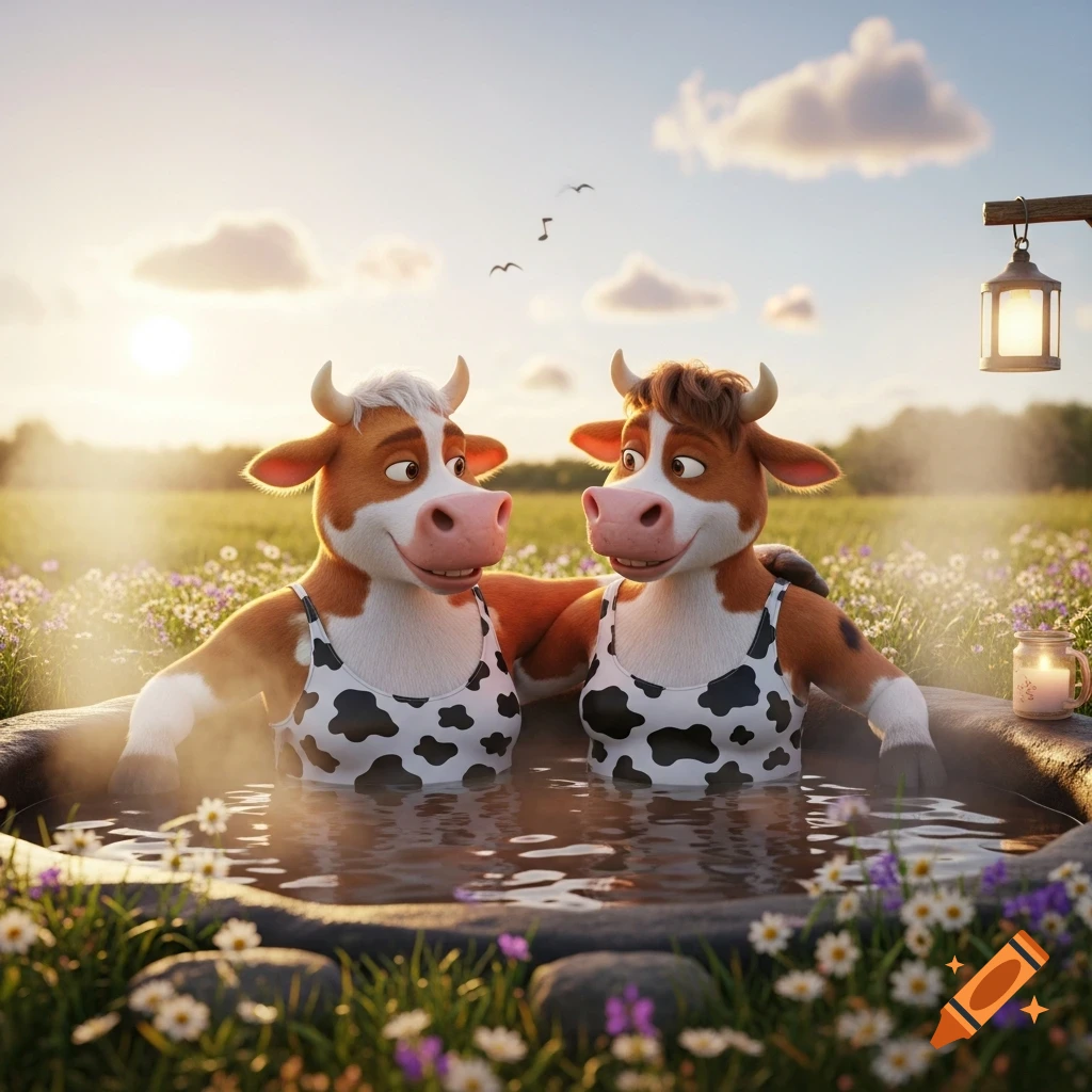 Two anthropomorphic cartoon cows in cow-print swimsuits relax happily in a hot tub surrounded by flowers at sunset.
