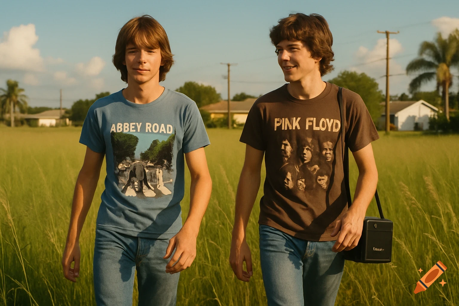 Two teenage boys, one in an Abbey Road t-shirt, the other in a Pink Floyd t-shirt, walk through a tall grass field on a sunny day.