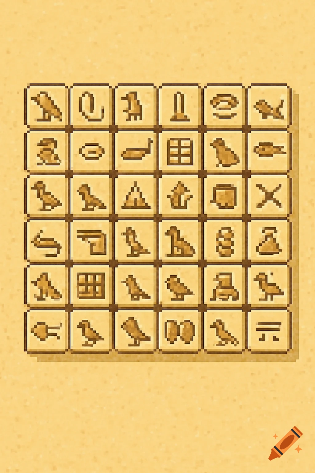 A 16-bit pixel art image featuring a grid of unique hieroglyphs on a sandy background.