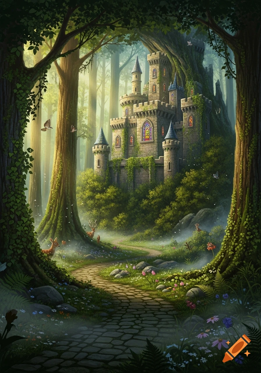 A fairytale castle with colorful stained glass windows nestled deep in ...