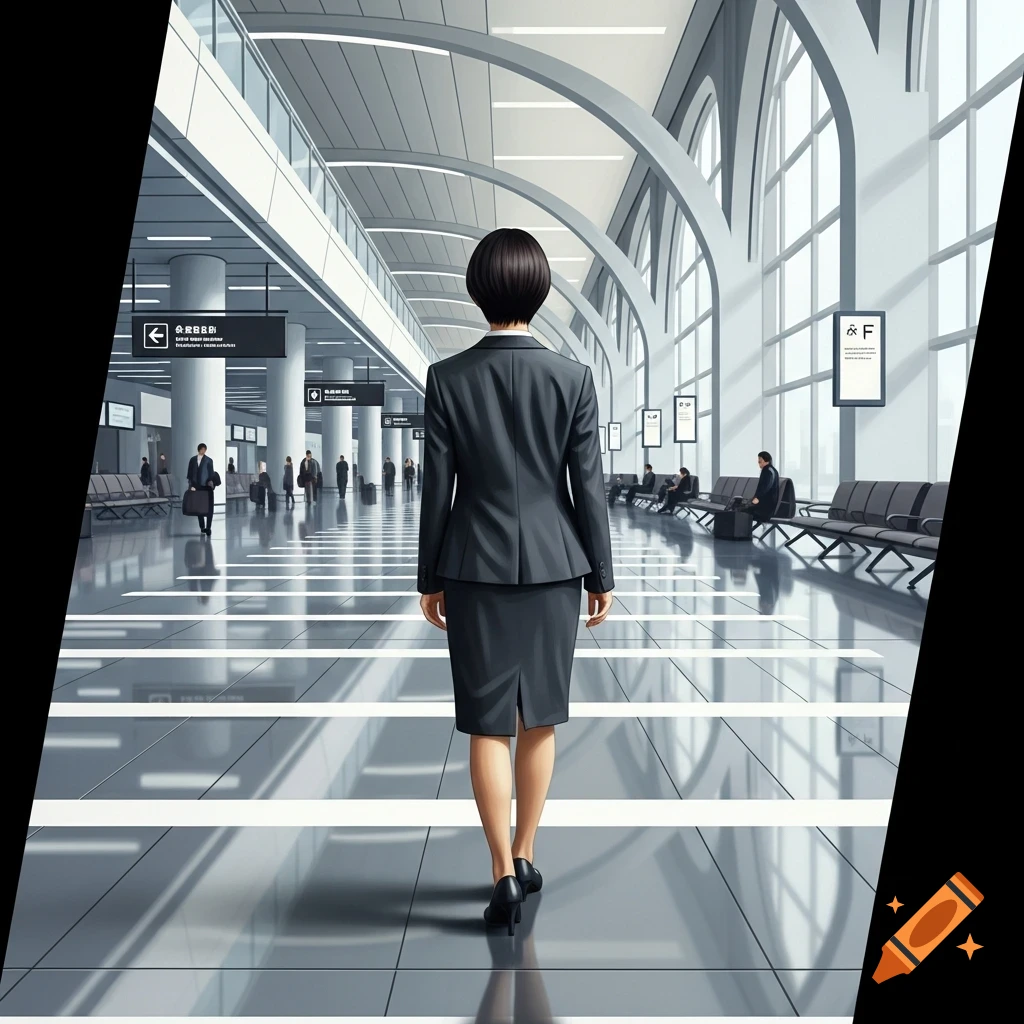 A business woman with short dark hair in a suit walks through a modern airport terminal, seen from behind.