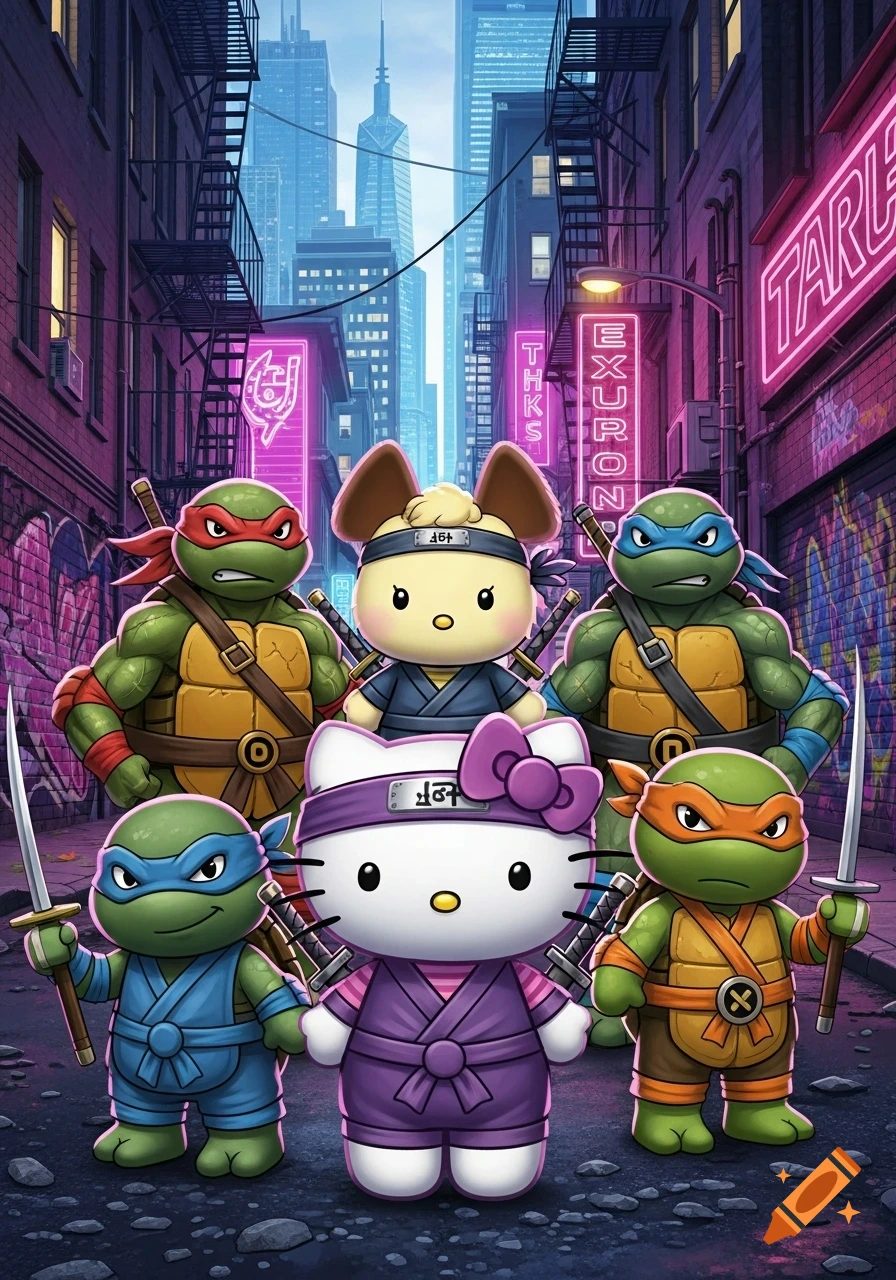 Hello Kitty, a yellow Sanrio character, and four Teenage Mutant Ninja Turtles in a city alley at night, rendered in a cartoon style.