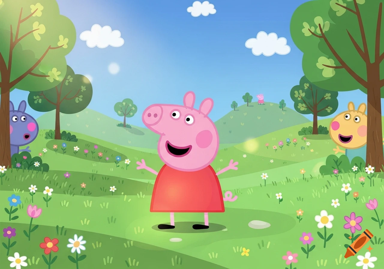 Peppa Pig stands in a bright green grassy field with colorful flowers and trees under a blue sky. Two friends peek from behind trees.