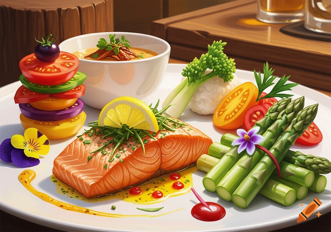 A beautifully plated gourmet meal featuring a salmon fillet with lemon and herbs, a stack of colorful sliced vegetables, asparagus, and a bowl of soup in a stylized illustration.
