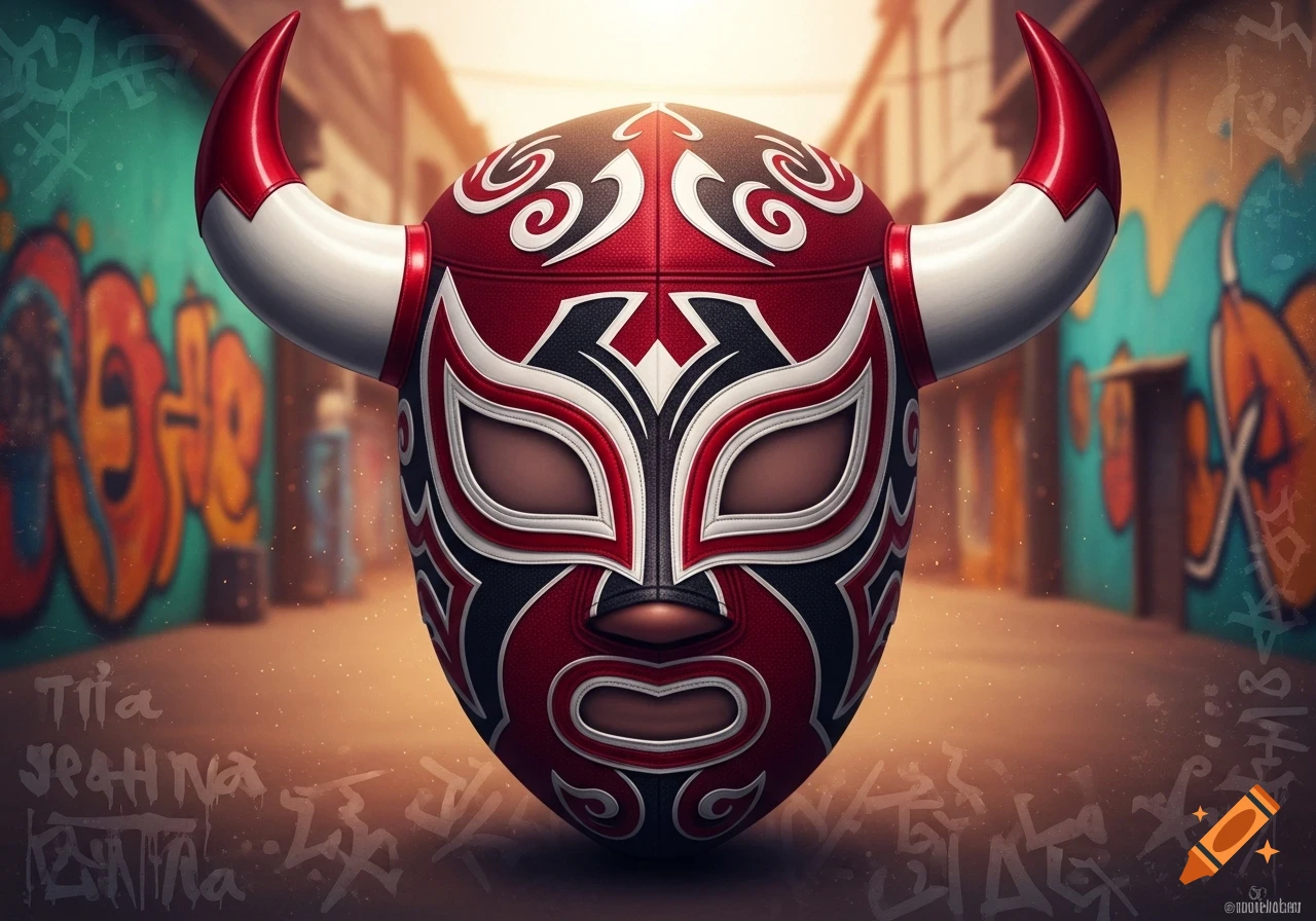 A vibrant red, black, and white bull-inspired lucha libre mask with horns, resting on a street with blurred graffiti walls and floor in the background. The style is detailed and slightly photorealistic.