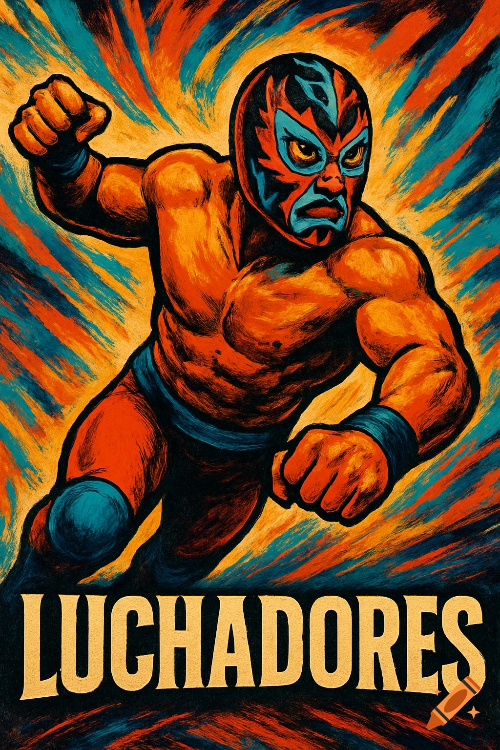 A stylized illustration of a muscular luchador in a red and blue mask, punching forward against a vibrant, swirling background. Text reads LUCHADORES.
