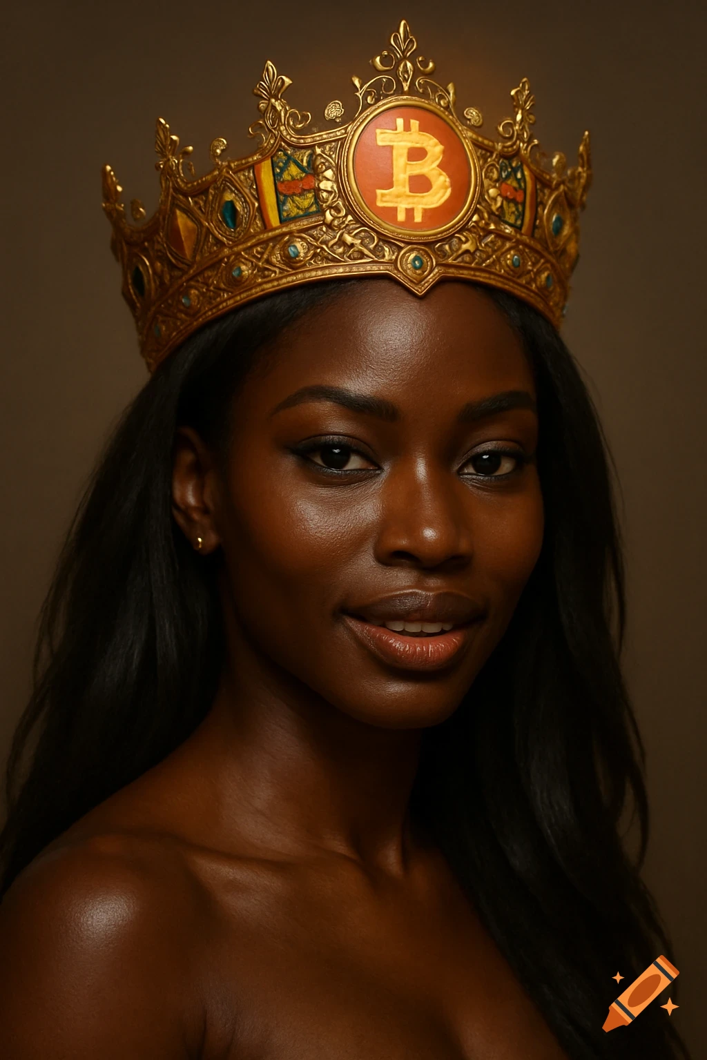Photorealistic portrait of an African woman with deep brown skin and long black hair, wearing an ornate golden crown with a prominent orange Bitcoin symbol.