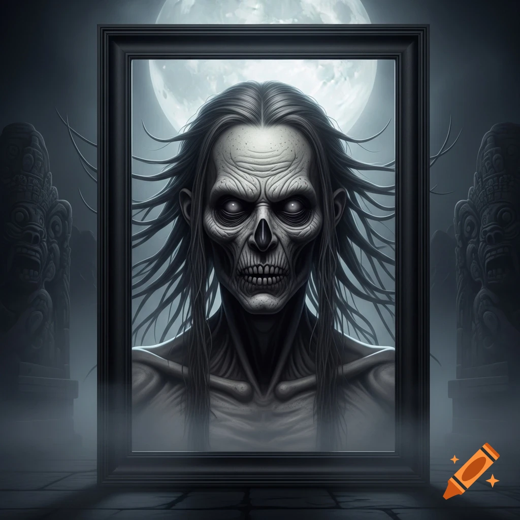 Photorealistic portrait of a gaunt, skeletal creature with glowing eyes and long hair, framed with a full moon and dark statues behind it.